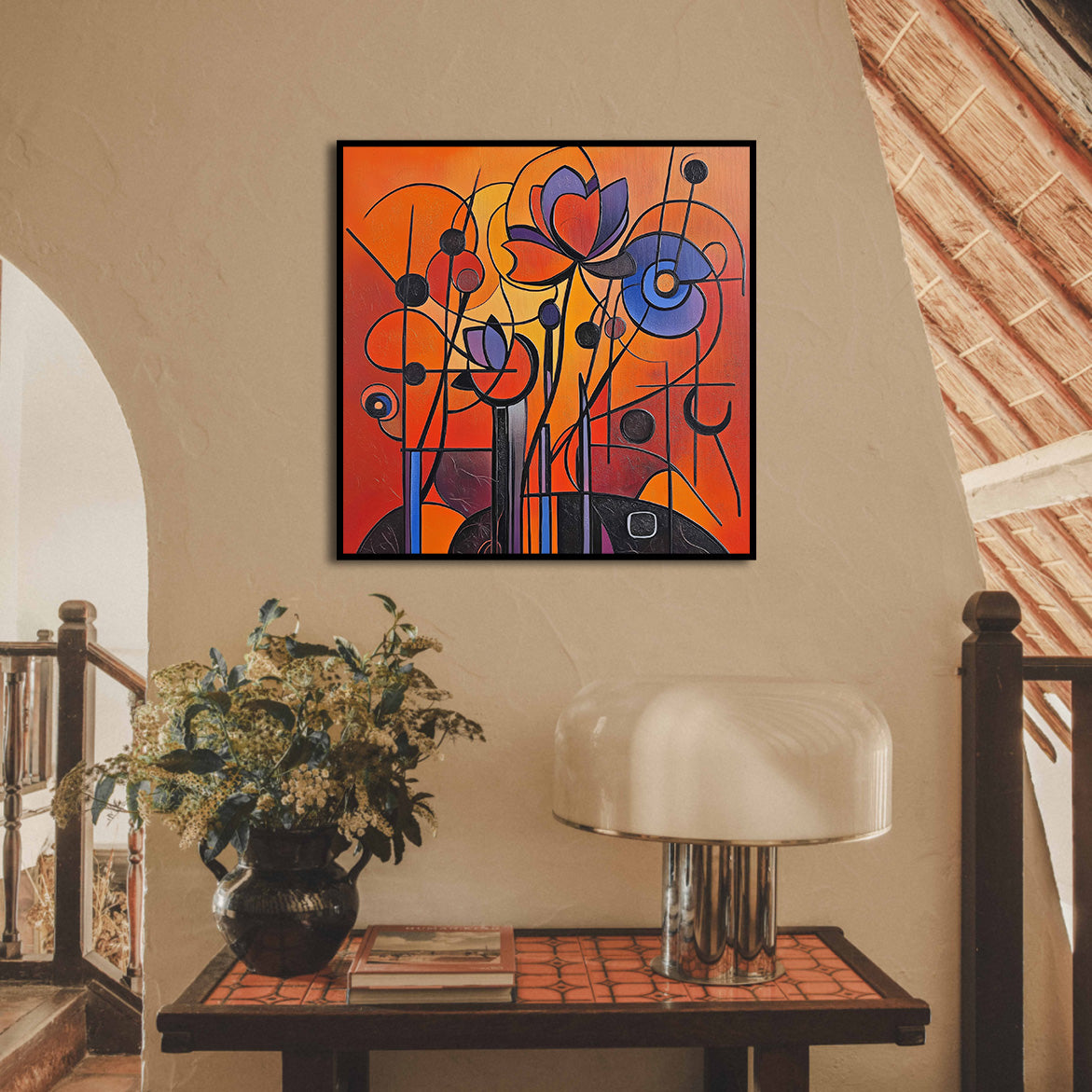 Floral Frequency - Geometric Abstract Floral Painting Bold Red Orange Purple Wall Art