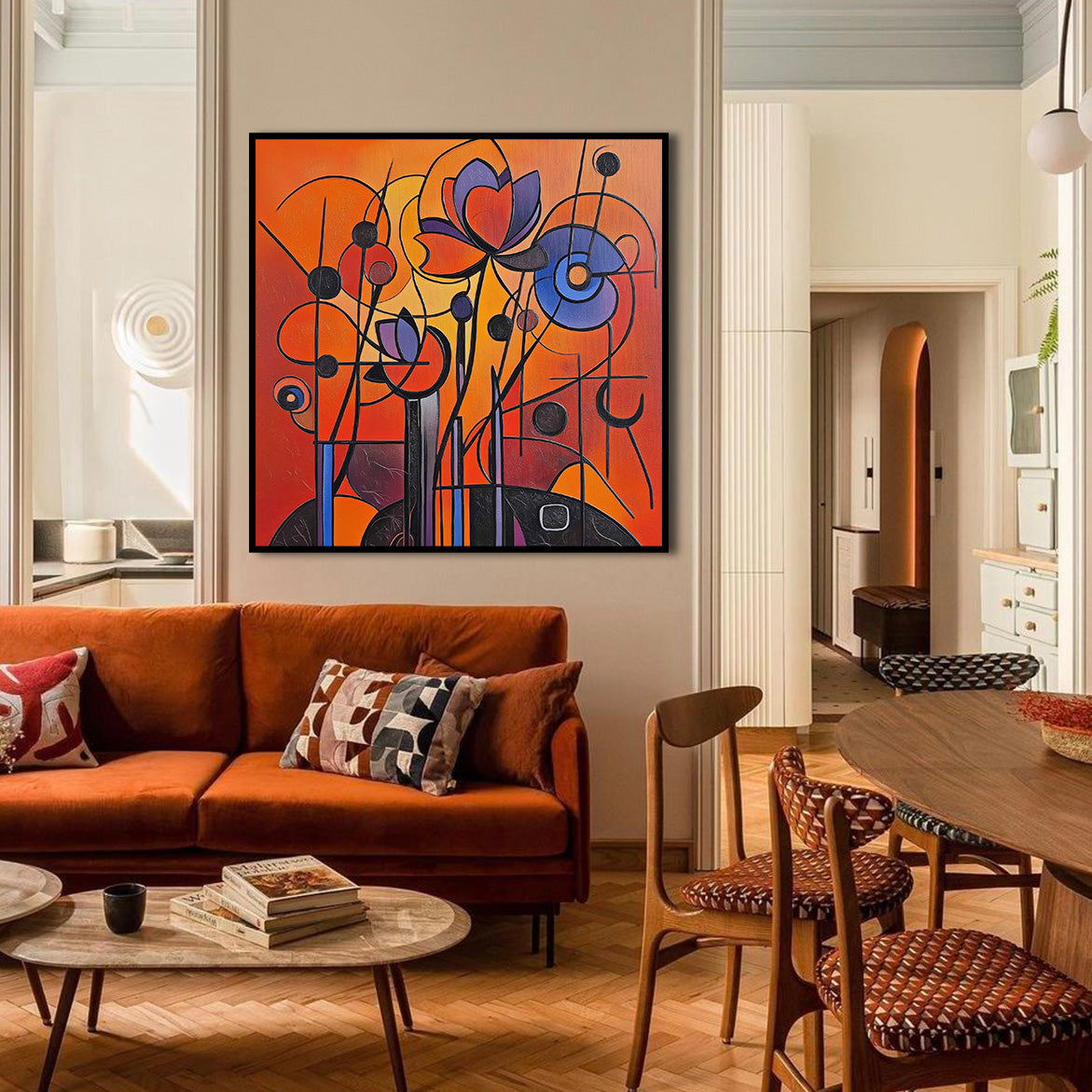 Floral Frequency - Geometric Abstract Floral Painting Bold Red Orange Purple Wall Art