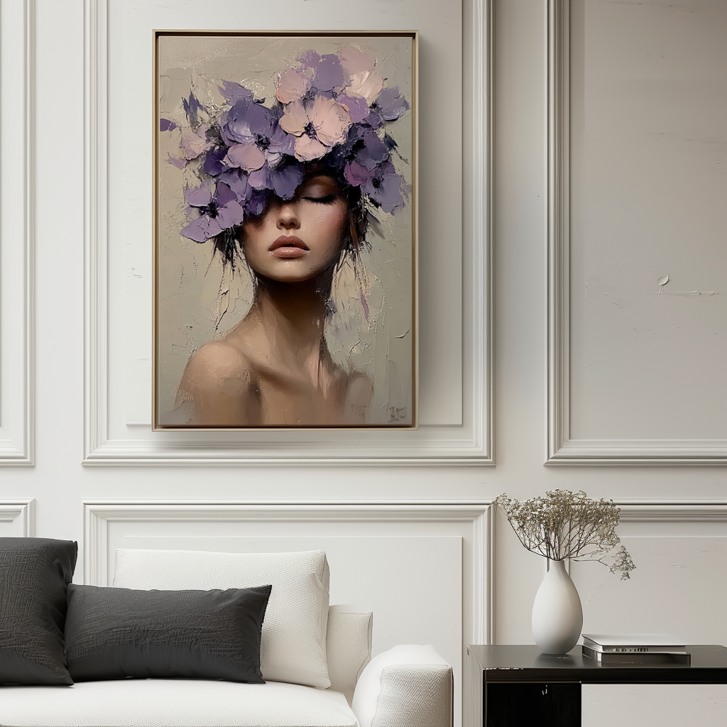 Floral Veil-Textured Oil Painting of Woman with Purple Floral Headpiece | Feminine Art for Home Wall Decor