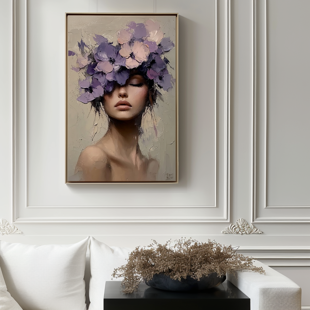 Floral Veil-Textured Oil Painting of Woman with Purple Floral Headpiece | Feminine Art for Home Wall Decor
