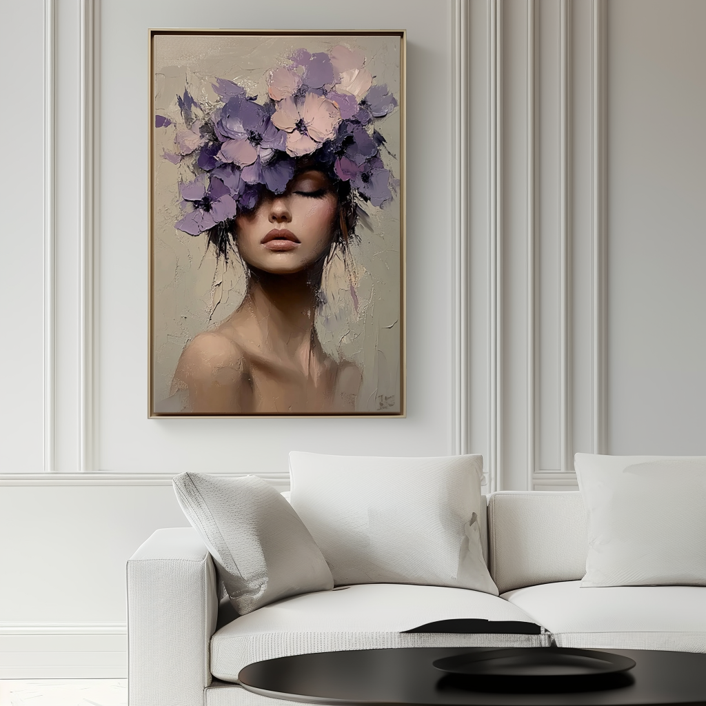 Floral Veil-Textured Oil Painting of Woman with Purple Floral Headpiece | Feminine Art for Home Wall Decor