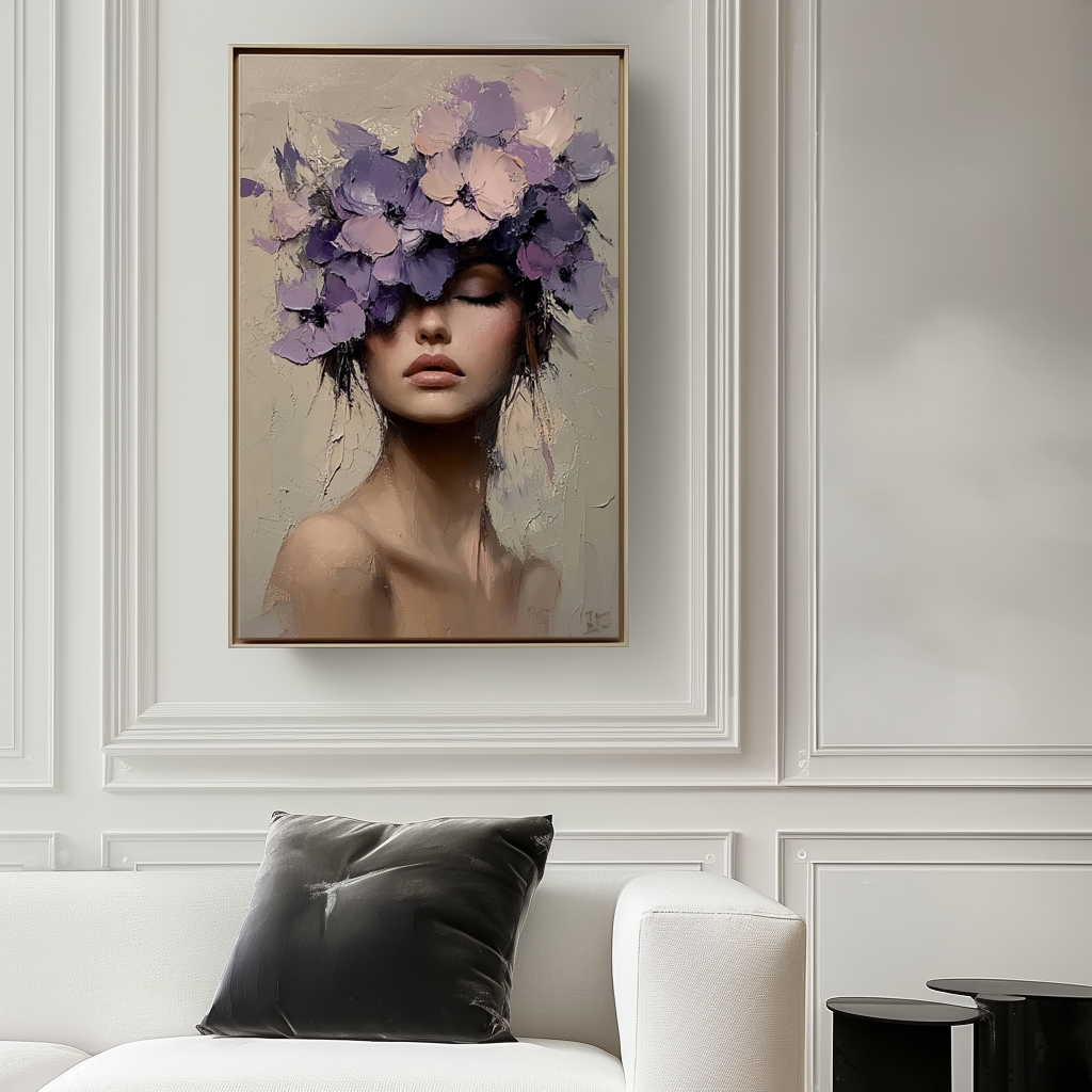 Floral Veil-Textured Oil Painting of Woman with Purple Floral Headpiece | Feminine Art for Home Wall Decor