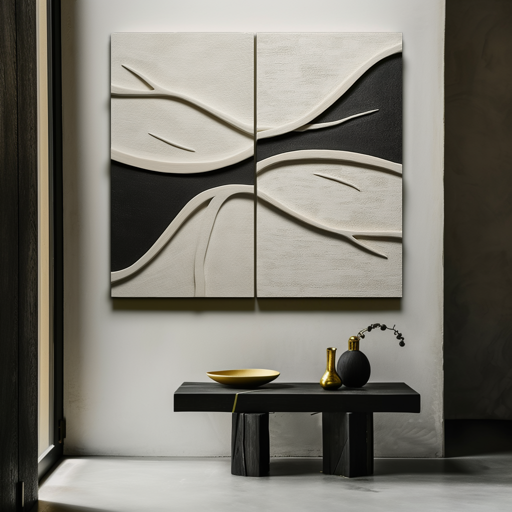 Flow of Silence-2 - Piece 3D Textured Abstract Leaf Wall Art Set, Modern Neutral Tone Decor for Living Room & Bedroom