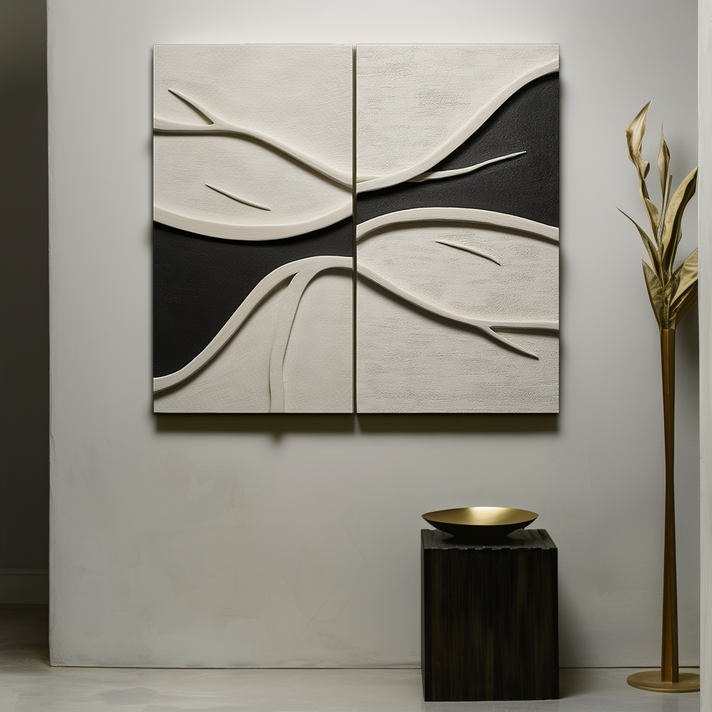 Flow of Silence-2 - Piece 3D Textured Abstract Leaf Wall Art Set, Modern Neutral Tone Decor for Living Room & Bedroom