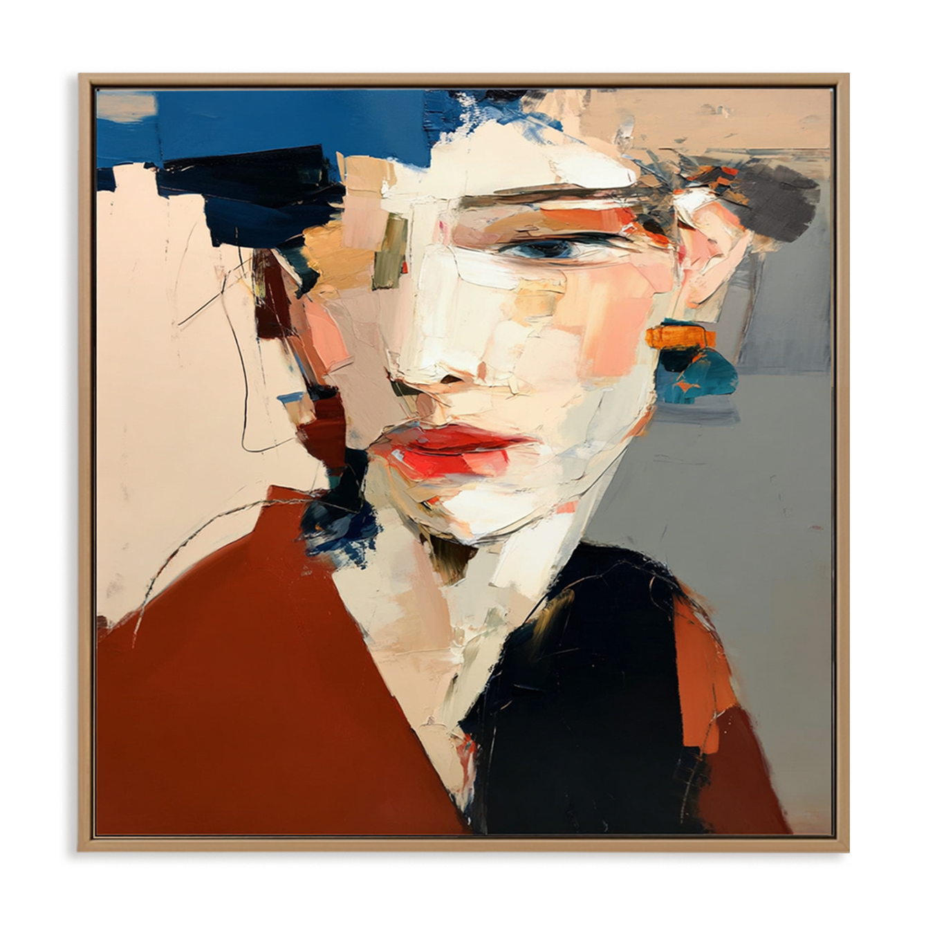 Abstract female portrait with expressive palette knife texture and bold color strokes on canvas.