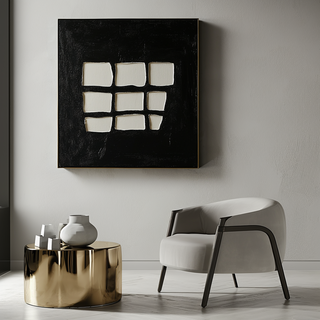 Fragmented Vision-Wabi Sabi Art Abstract Wall Decor: Minimalist Black and White Geometric Painting for Home & Office