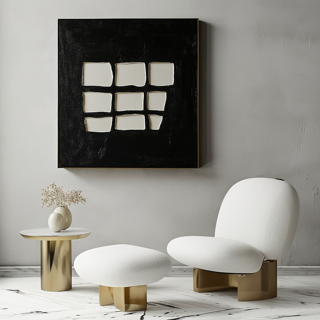 Fragmented Vision-Wabi Sabi Art Abstract Wall Decor: Minimalist Black and White Geometric Painting for Home & Office