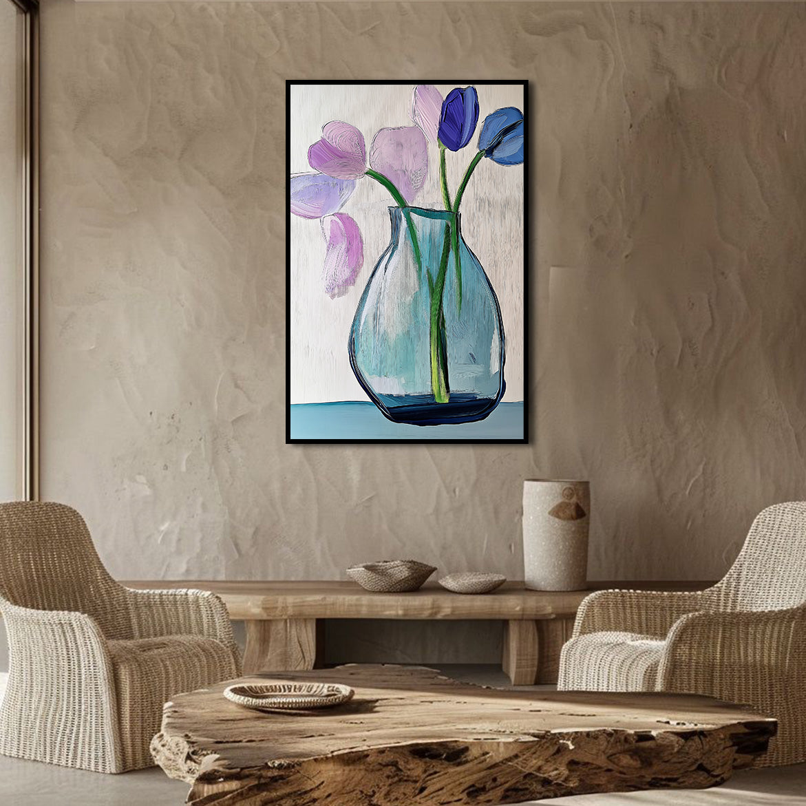 Gathered Whispers - Modern Abstract Flower Vase Painting Vertical Textured Floral Wall Art