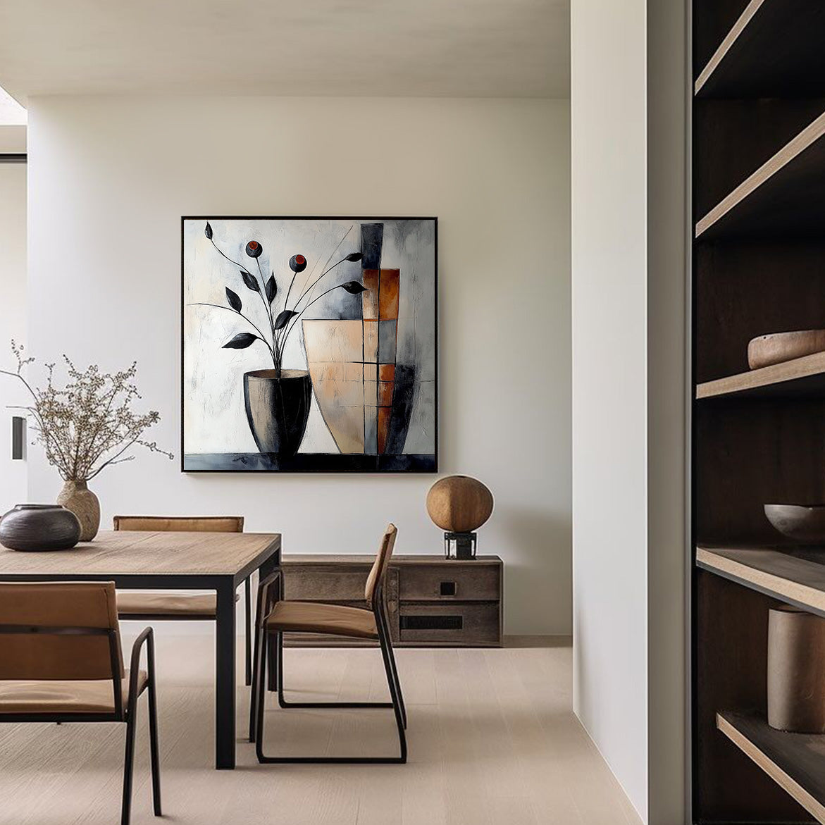 Geometric Bloom - Abstract Floral Vase Painting Modern Geometric Square Wall Art