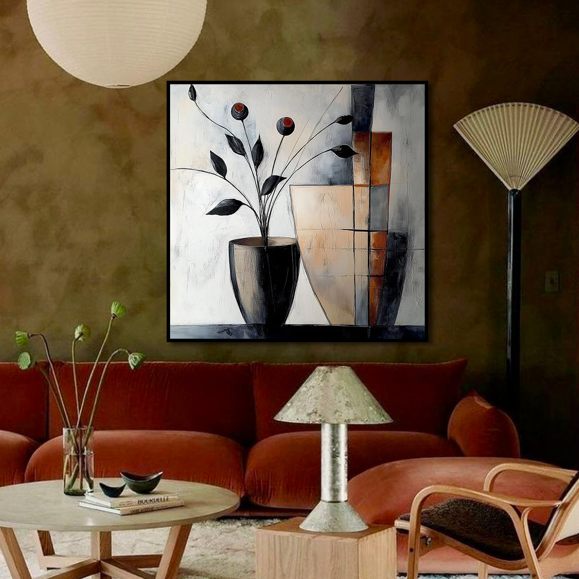 Geometric Bloom - Abstract Floral Vase Painting Modern Geometric Square Wall Art