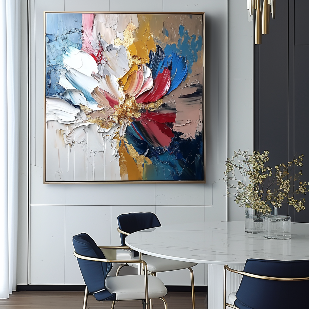 Gilded Bloom- Textured Abstract Floral Oil Painting with Gold Accents, Framed Square Wall Art for Living Room & Bedroom Decor