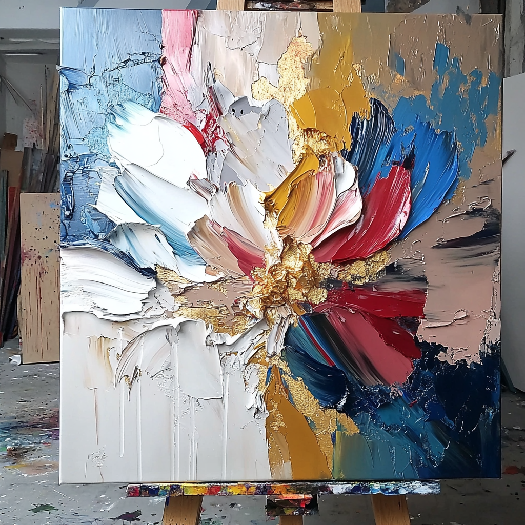 Gilded Bloom- Textured Abstract Floral Oil Painting with Gold Accents, Framed Square Wall Art for Living Room & Bedroom Decor