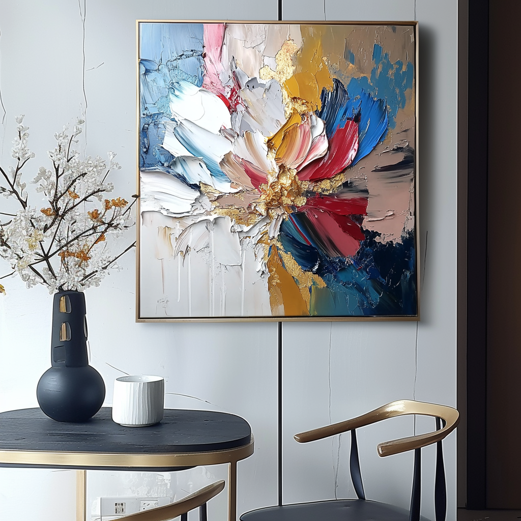 Gilded Bloom- Textured Abstract Floral Oil Painting with Gold Accents, Framed Square Wall Art for Living Room & Bedroom Decor