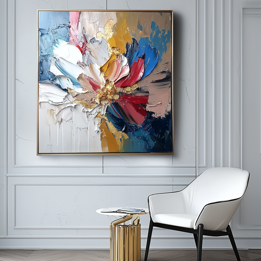 Gilded Bloom- Textured Abstract Floral Oil Painting with Gold Accents, Framed Square Wall Art for Living Room & Bedroom Decor