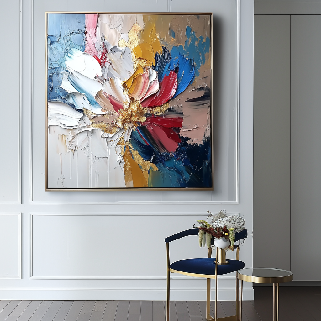 Gilded Bloom- Textured Abstract Floral Oil Painting with Gold Accents, Framed Square Wall Art for Living Room & Bedroom Decor