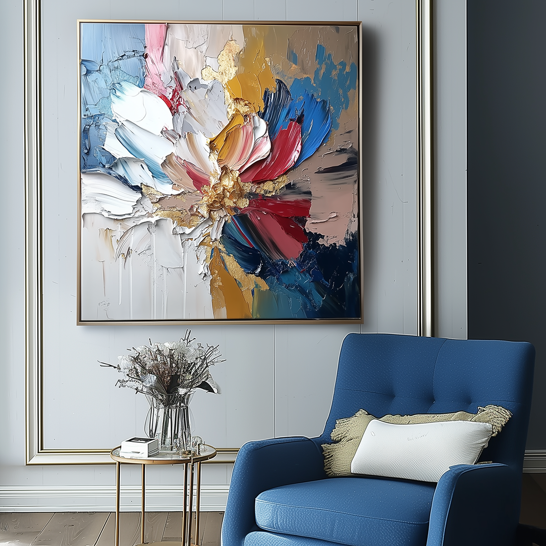 Gilded Bloom- Textured Abstract Floral Oil Painting with Gold Accents, Framed Square Wall Art for Living Room & Bedroom Decor