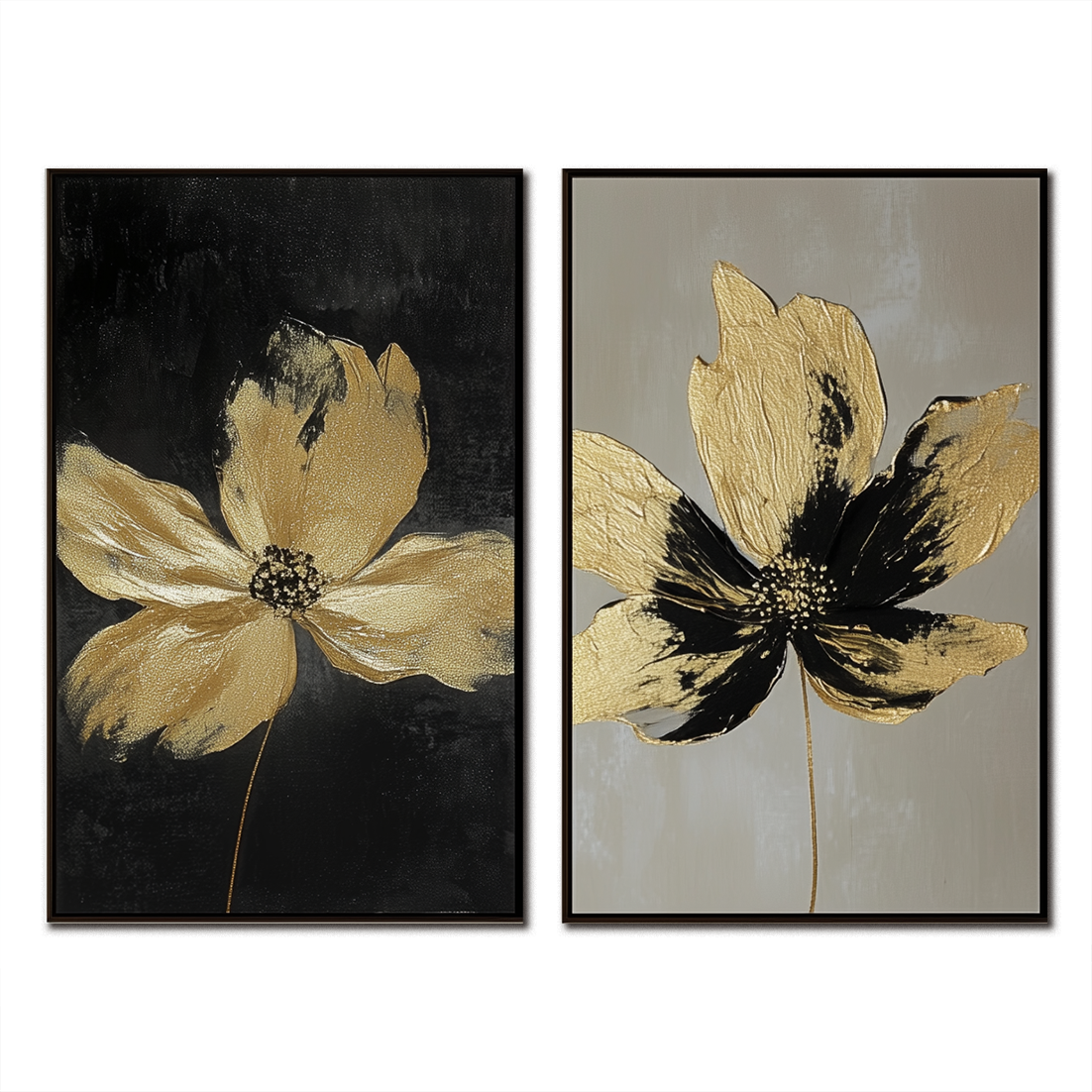 Gilded Petals-Set of 2 Gold Flower Paintings - Luxury Abstract Wall Art for Home Decoration
