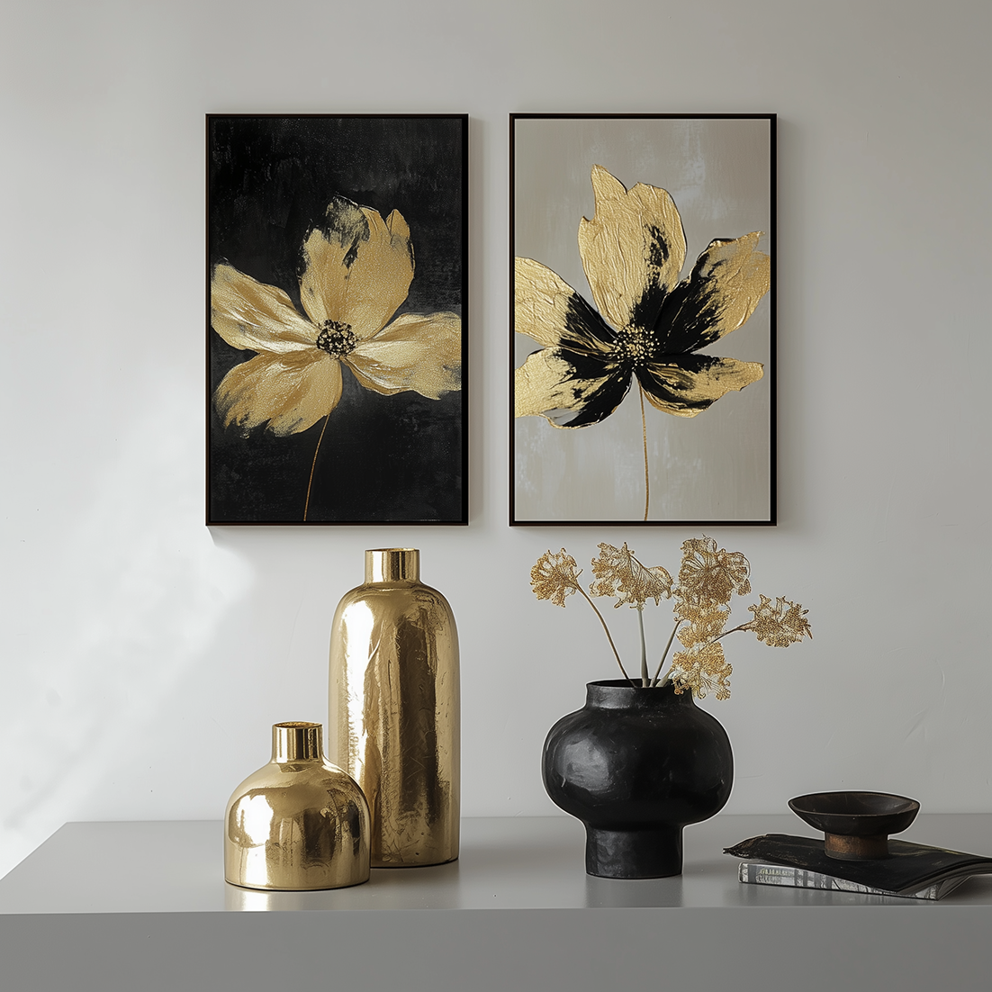 Gilded Petals-Set of 2 Gold Flower Paintings - Luxury Abstract Wall Art for Home Decoration