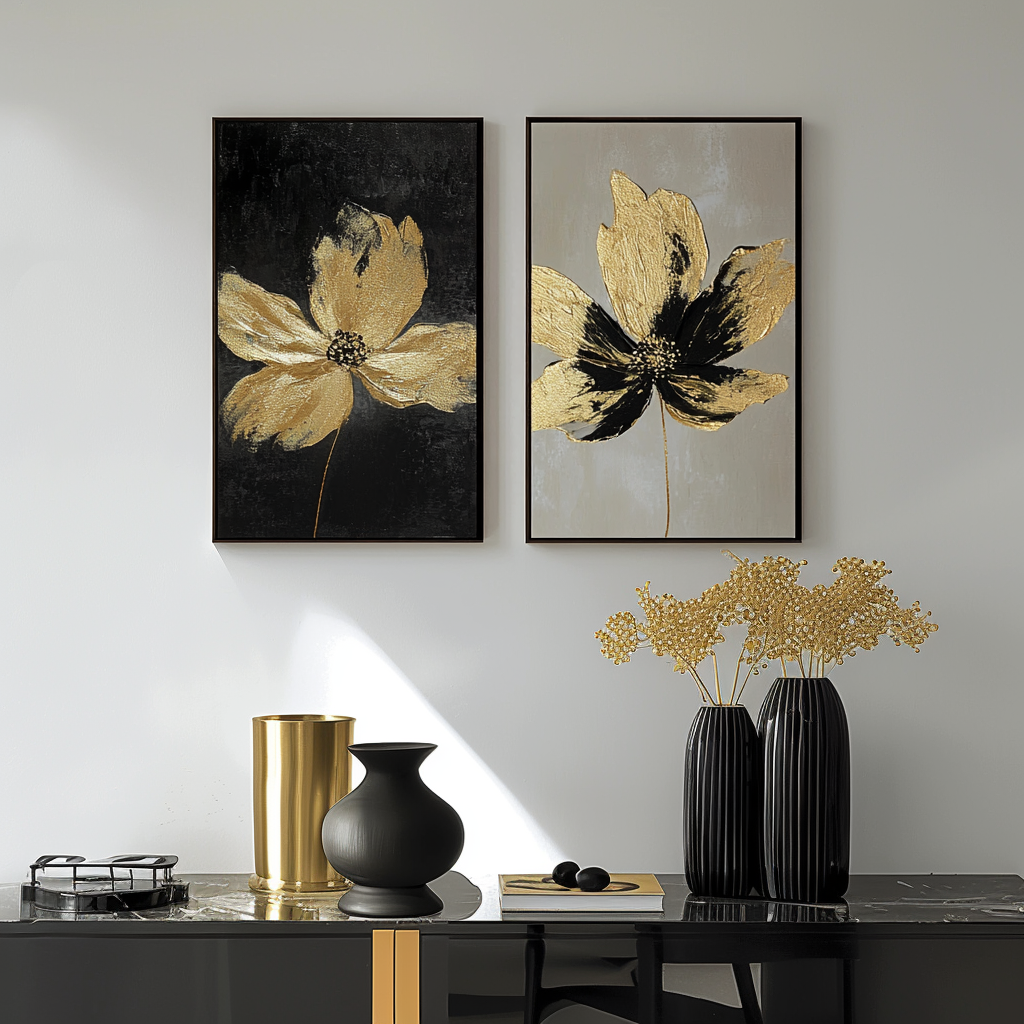 Gilded Petals-Set of 2 Gold Flower Paintings - Luxury Abstract Wall Art for Home Decoration