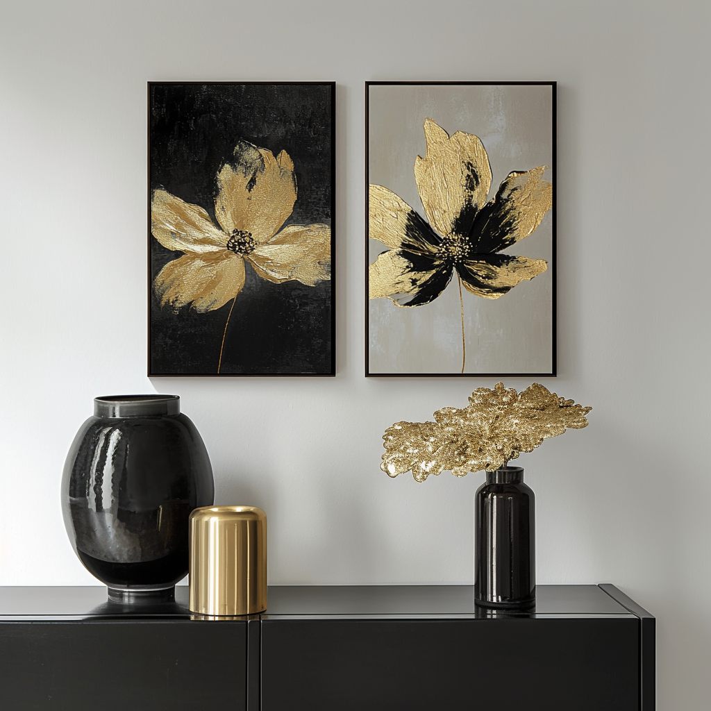 Gilded Petals-Set of 2 Gold Flower Paintings - Luxury Abstract Wall Art for Home Decoration