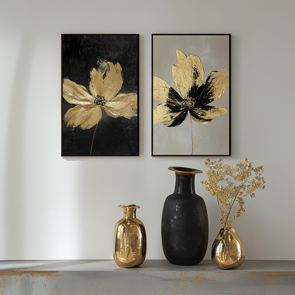 Gilded Petals-Set of 2 Gold Flower Paintings - Luxury Abstract Wall Art for Home Decoration