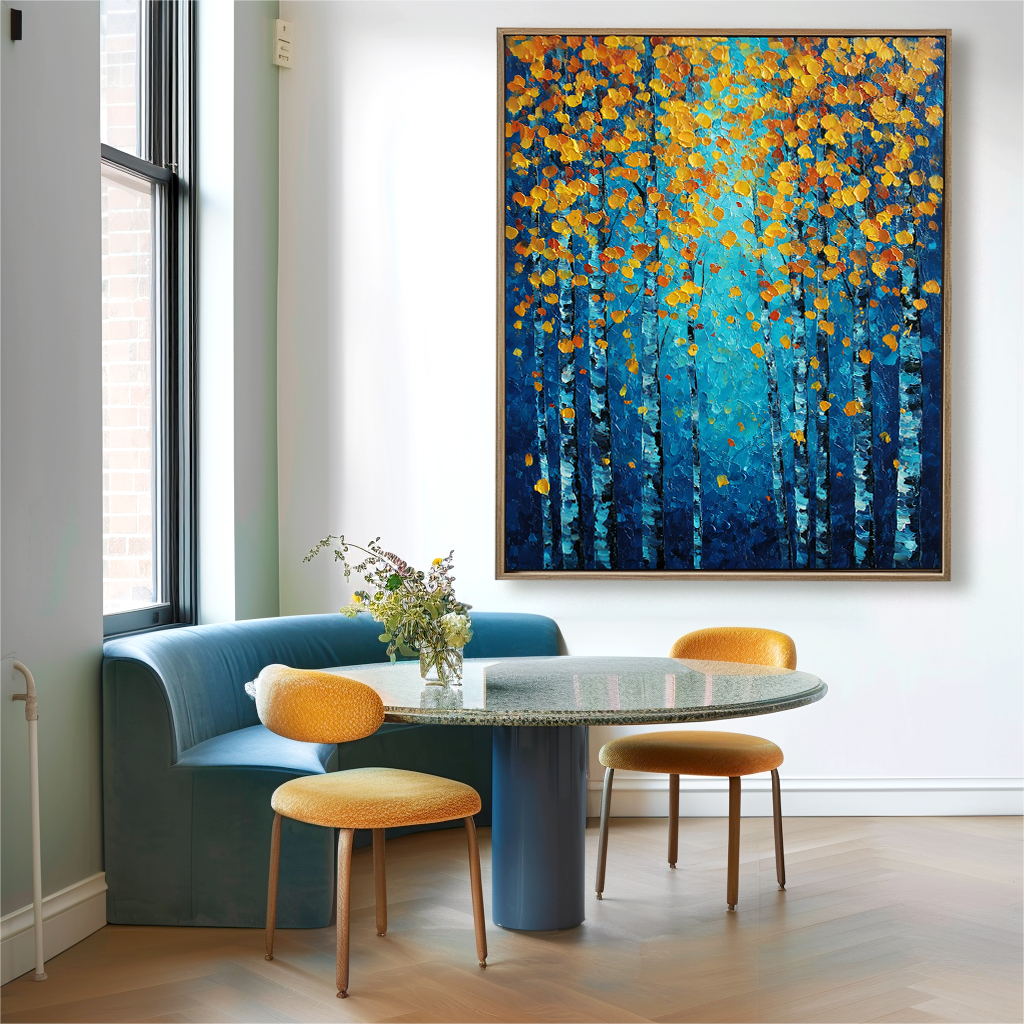 Golden Autumn Forest : Impasto Style Autumn Birch Tree Art - Blue Gold Orange Hues, Stunning Decor for Contemporary Homes