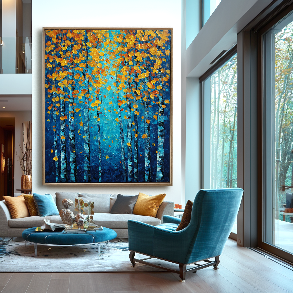 Golden Autumn Forest : Impasto Style Autumn Birch Tree Art - Blue Gold Orange Hues, Stunning Decor for Contemporary Homes