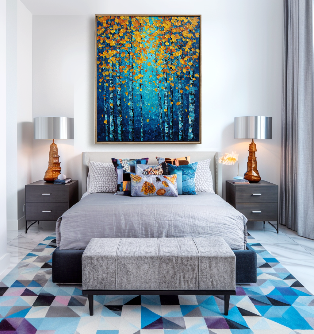 Golden Autumn Forest : Impasto Style Autumn Birch Tree Art - Blue Gold Orange Hues, Stunning Decor for Contemporary Homes