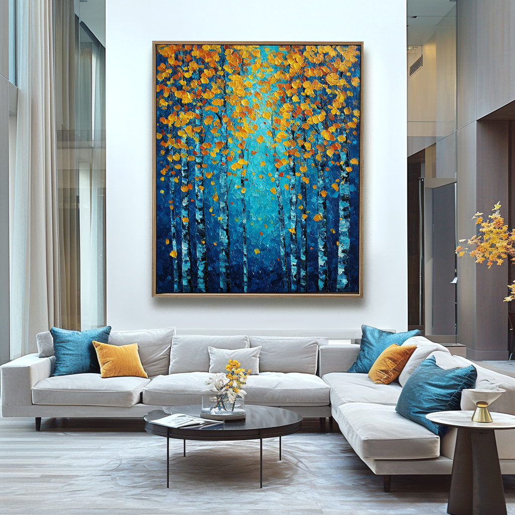 Golden Autumn Forest : Impasto Style Autumn Birch Tree Art - Blue Gold Orange Hues, Stunning Decor for Contemporary Homes