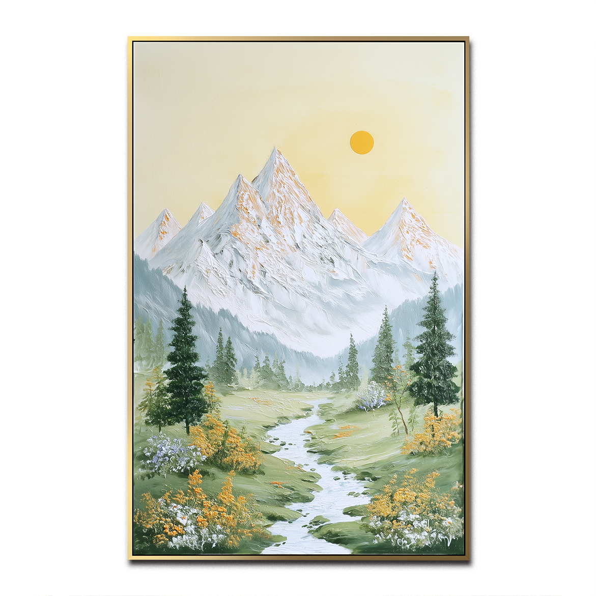 Golden Dawn Valley - Mountain Landscape Canvas with Stream and Sun – Serene Nature Wall Art