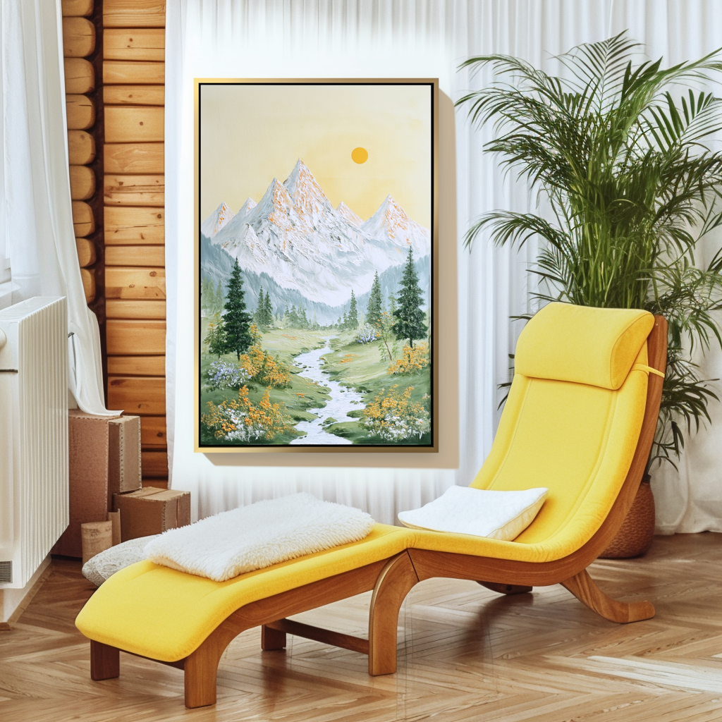 Golden Dawn Valley - Mountain Landscape Canvas with Stream and Sun – Serene Nature Wall Art