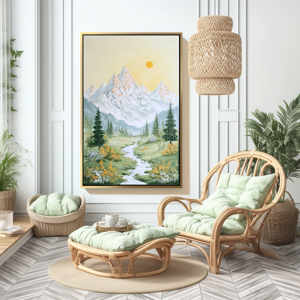 Golden Dawn Valley - Mountain Landscape Canvas with Stream and Sun – Serene Nature Wall Art