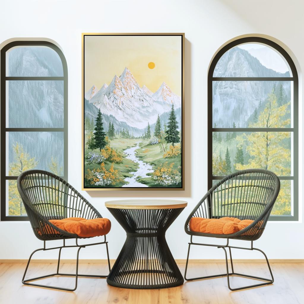 Golden Dawn Valley - Mountain Landscape Canvas with Stream and Sun – Serene Nature Wall Art