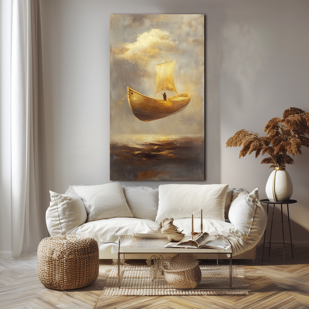 Golden Departure – Surreal Sailing Boat Painting Floating Conceptual Canvas Art
