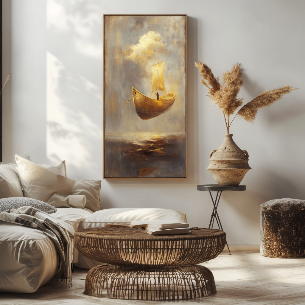 Golden Departure – Surreal Sailing Boat Painting Floating Conceptual Canvas Art