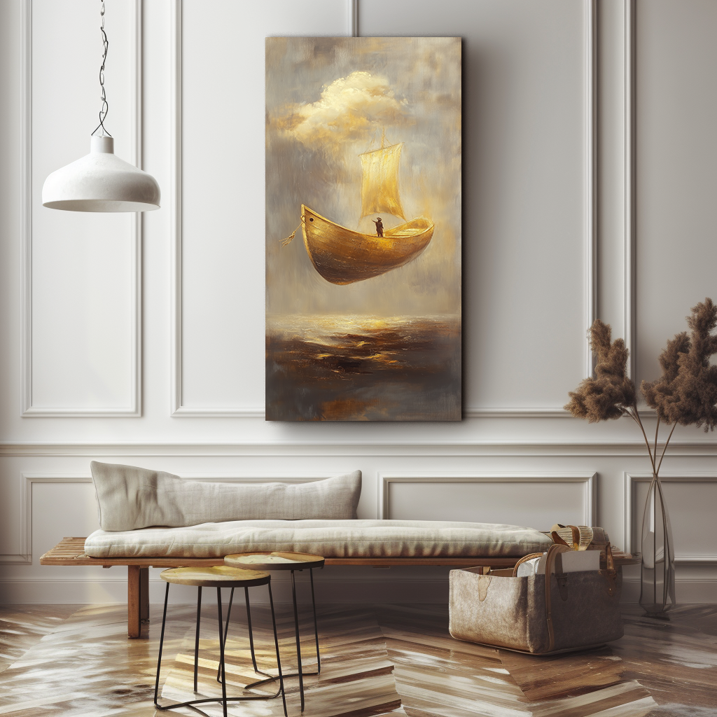 Golden Departure – Surreal Sailing Boat Painting Floating Conceptual Canvas Art