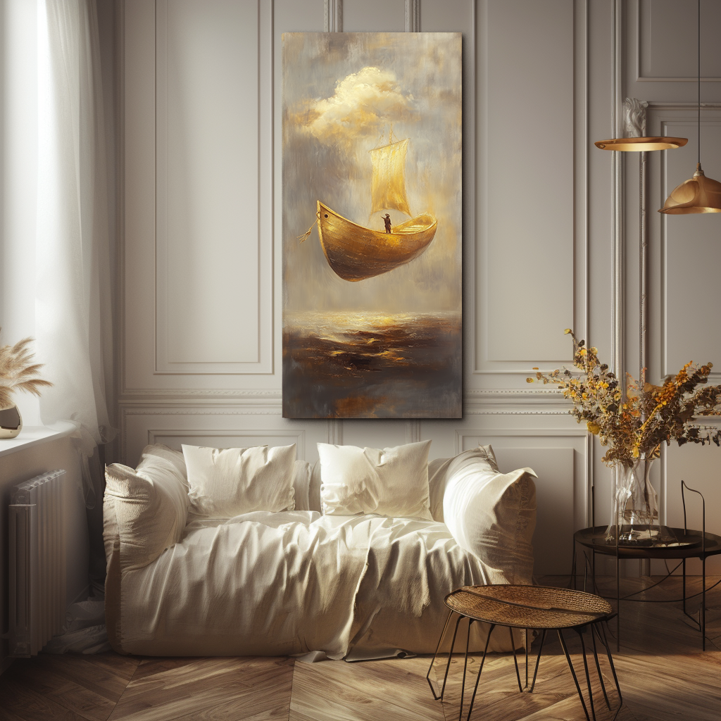Golden Departure – Surreal Sailing Boat Painting Floating Conceptual Canvas Art