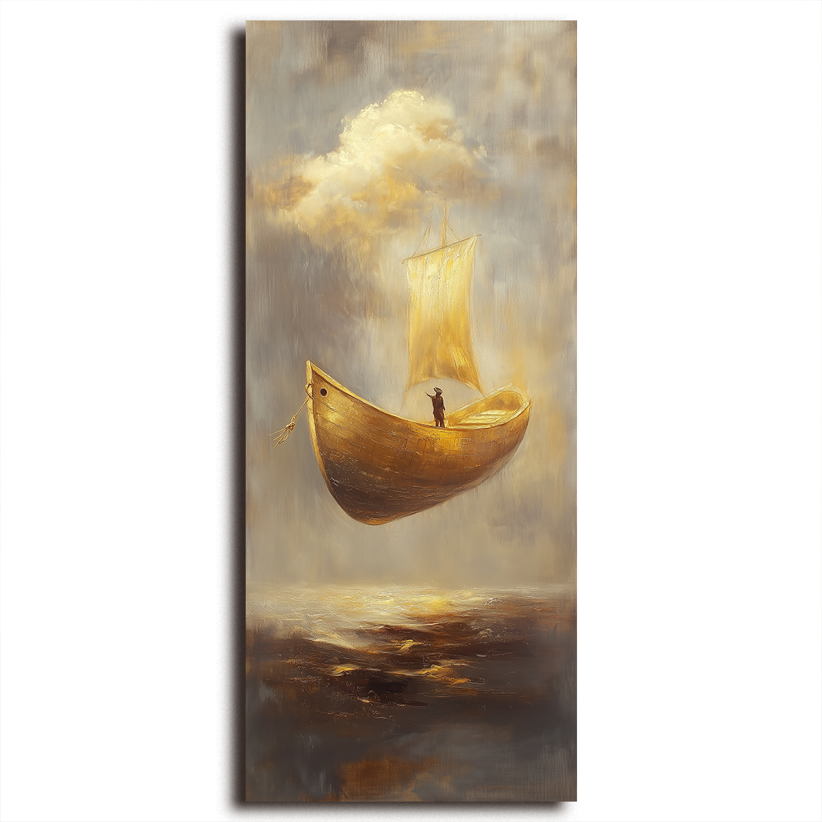 Golden Departure – Surreal Sailing Boat Painting Floating Conceptual Canvas Art