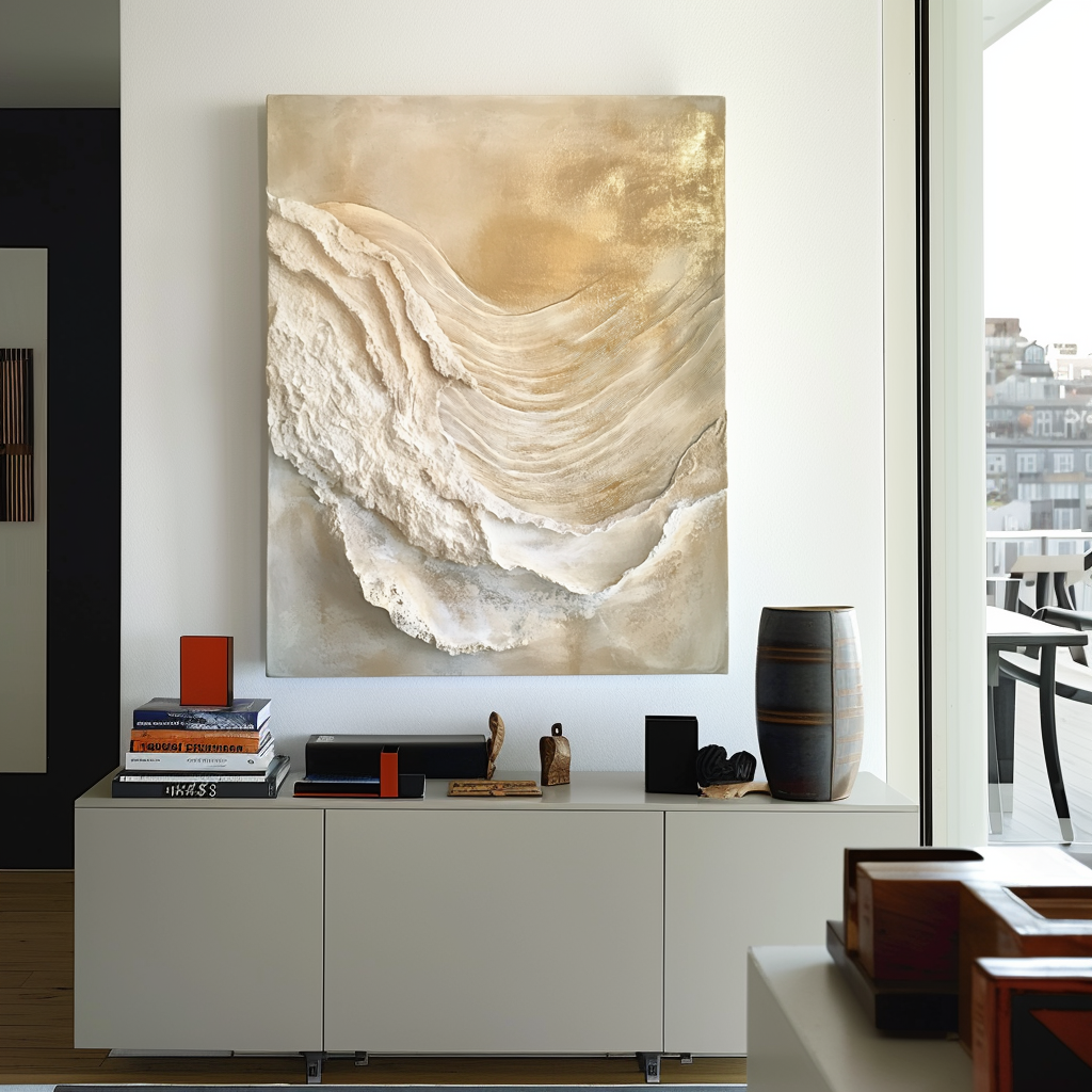 Golden Drift – Textured Abstract Canvas Art Neutral Organic Wave Wall Decor Vertical