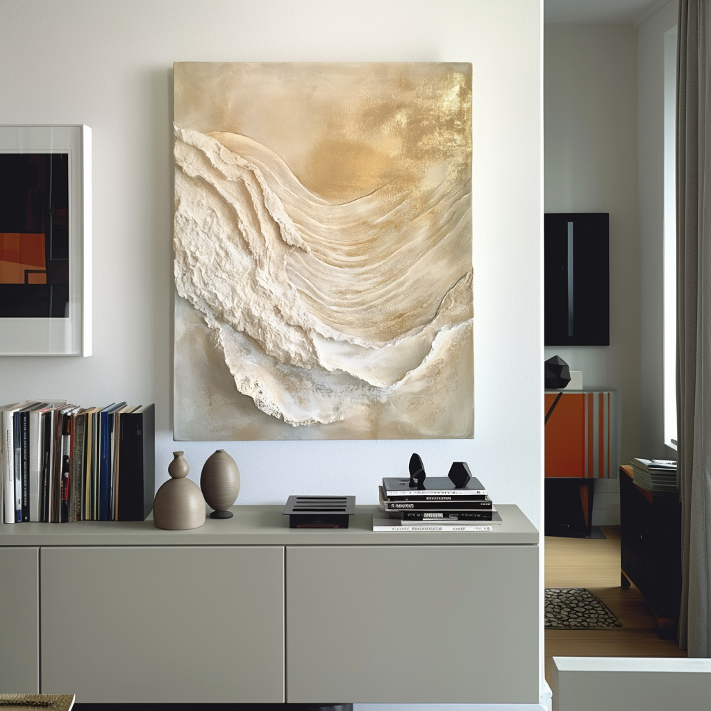 Golden Drift – Textured Abstract Canvas Art Neutral Organic Wave Wall Decor Vertical
