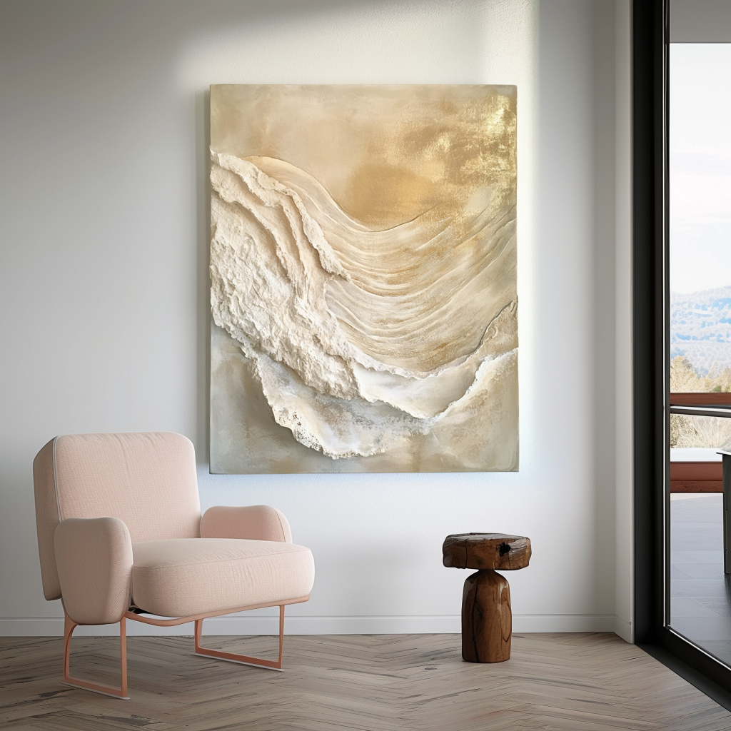 Golden Drift – Textured Abstract Canvas Art Neutral Organic Wave Wall Decor Vertical