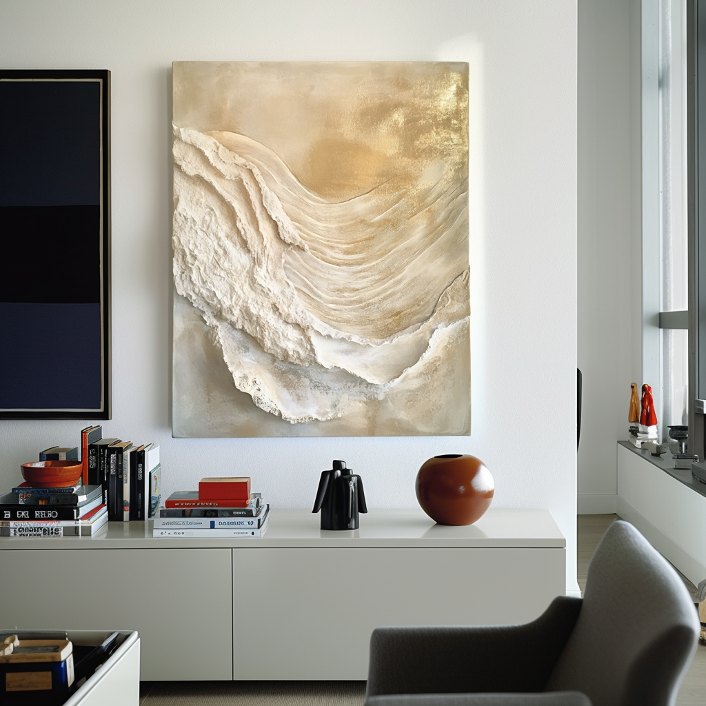 Golden Drift – Textured Abstract Canvas Art Neutral Organic Wave Wall Decor Vertical