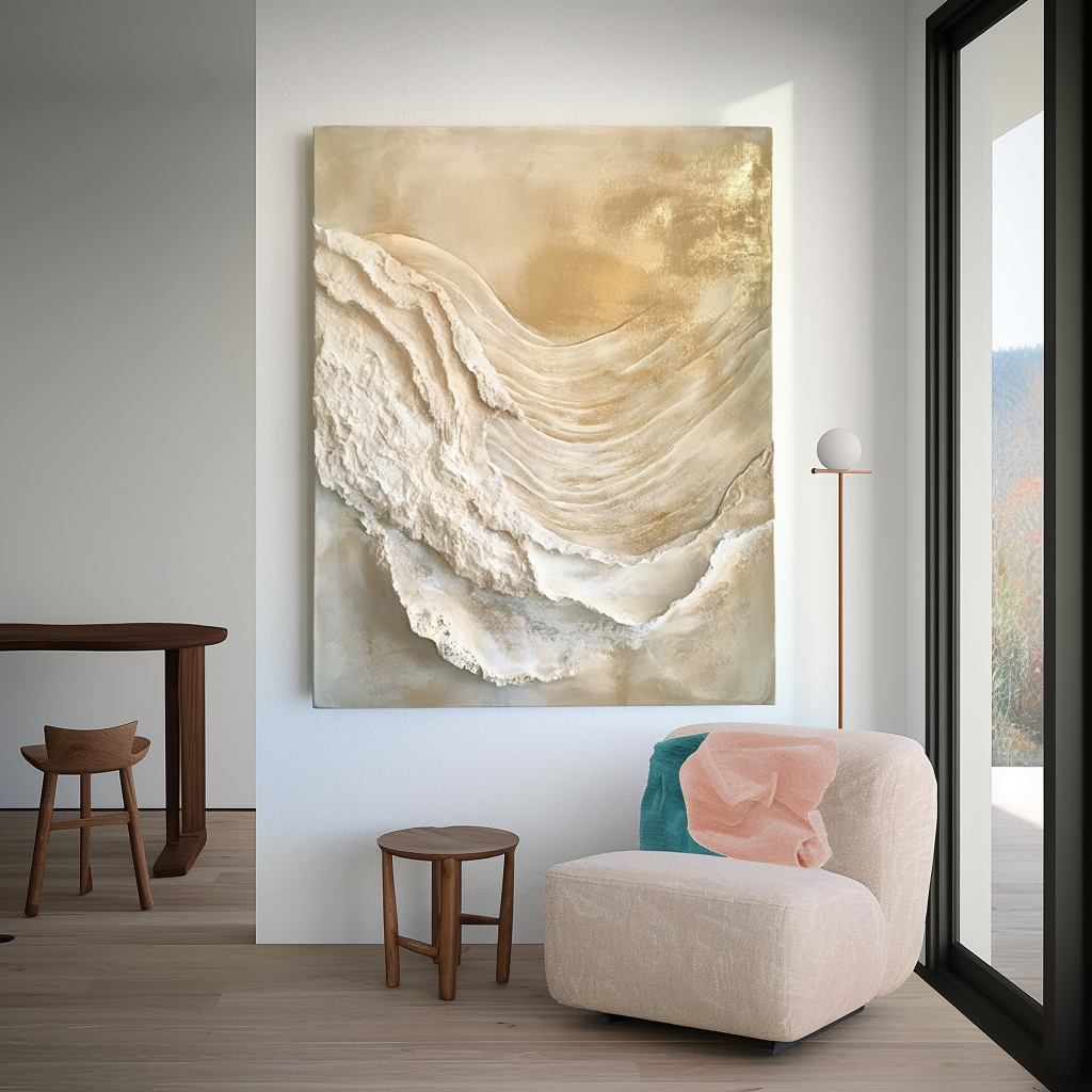 Golden Drift – Textured Abstract Canvas Art Neutral Organic Wave Wall Decor Vertical