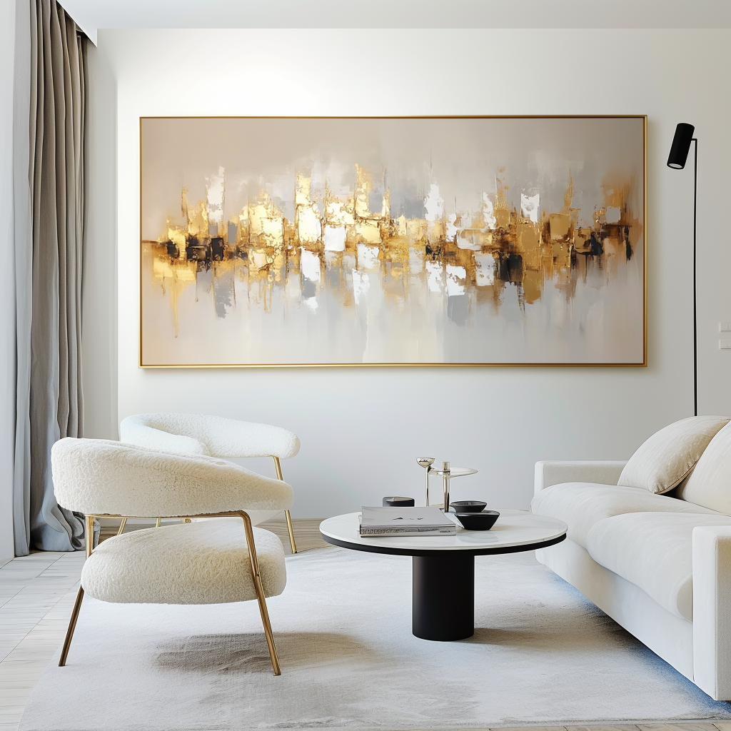 Golden Echo-Golden Abstract Cityscape Oil Painting, Textured Modern Wall Art for Home Decoration
