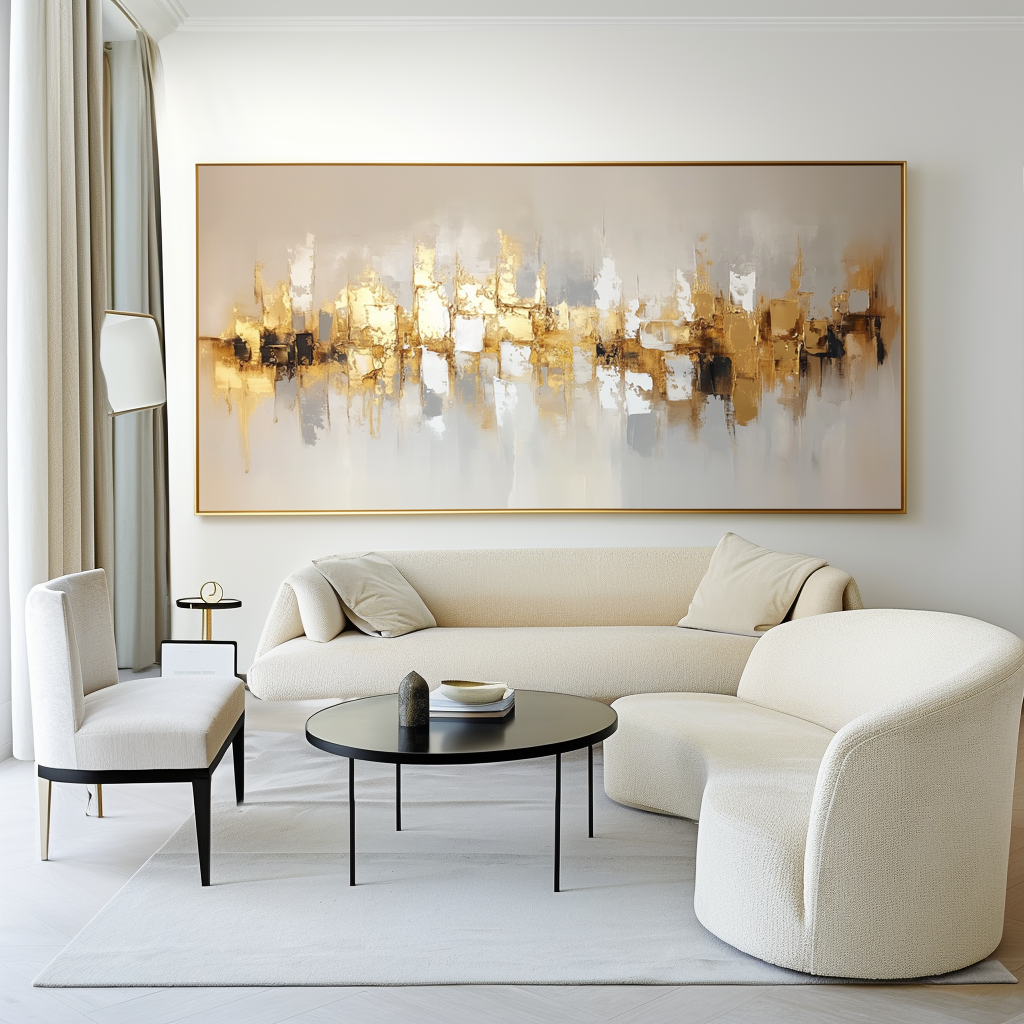 Golden Echo-Golden Abstract Cityscape Oil Painting, Textured Modern Wall Art for Home Decoration