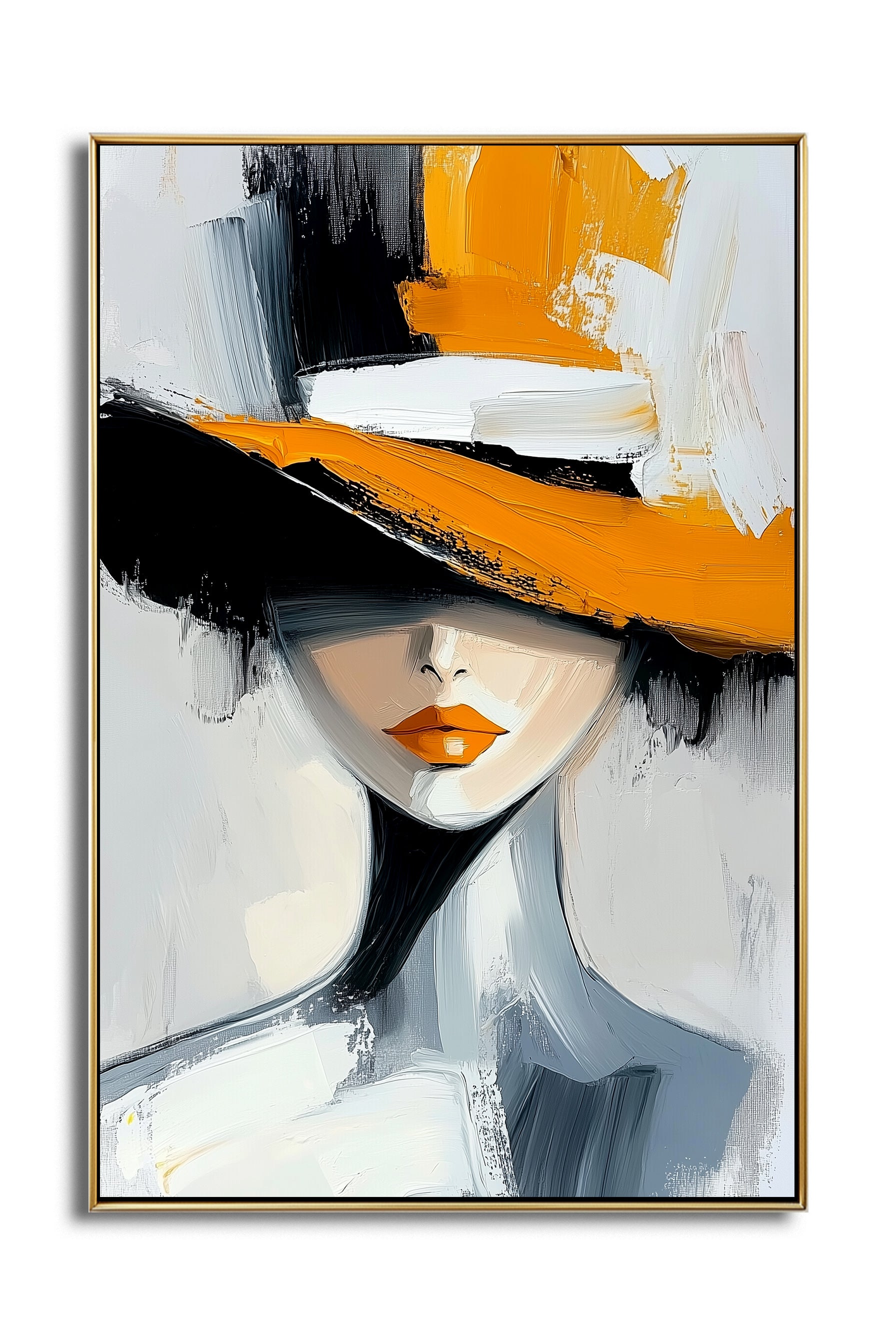 Abstract female portrait painting with orange hat and bold lips, modern textured canvas wall art for home decor.