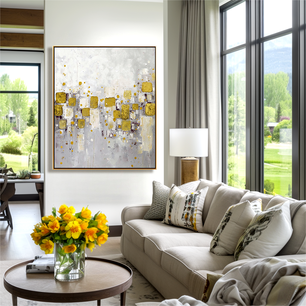 Golden Mosaic - Abstract Gold Leaf Oil Painting, Modern Textured Canvas Wall Art