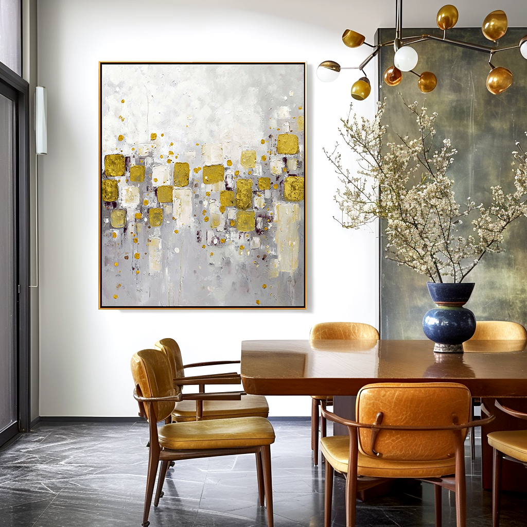 Golden Mosaic - Abstract Gold Leaf Oil Painting, Modern Textured Canvas Wall Art