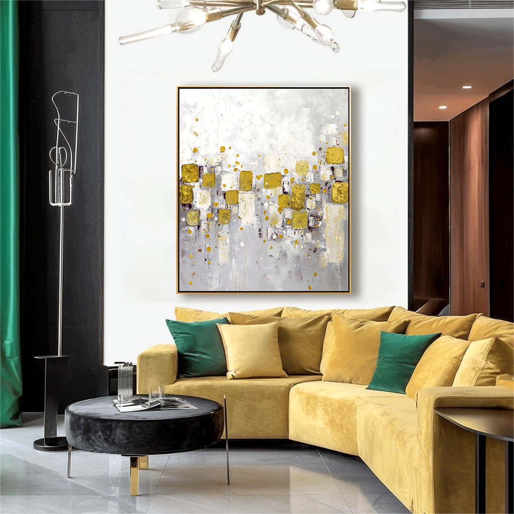 Golden Mosaic - Abstract Gold Leaf Oil Painting, Modern Textured Canvas Wall Art