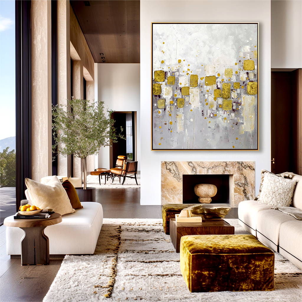 Golden Mosaic - Abstract Gold Leaf Oil Painting, Modern Textured Canvas Wall Art